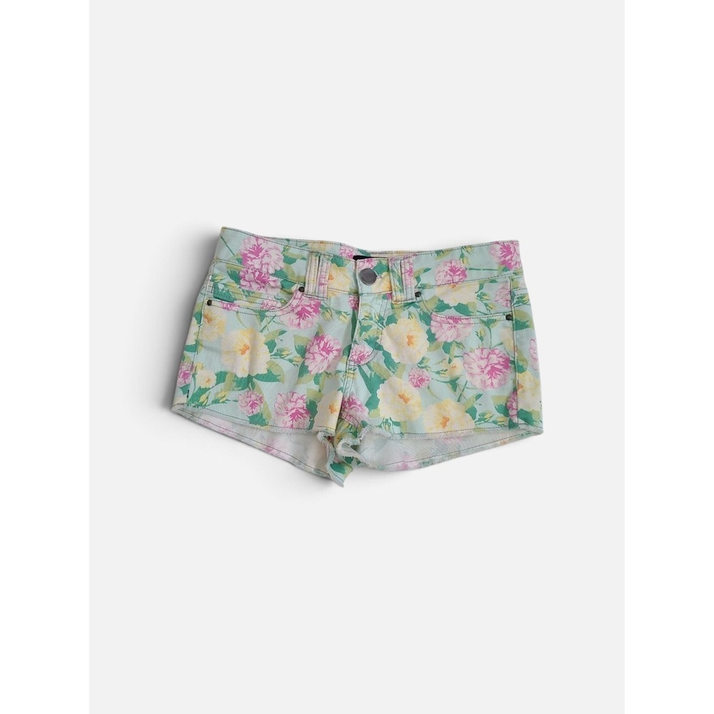 Forever 21 Pastel Green Floral Denim Shorts Low Rise Cottagecore Raw Hem Small
